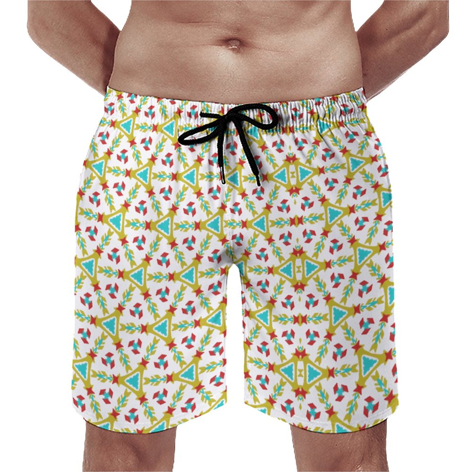 Aqua Red And Gold Crazy Shapes Geometric Men's Swim Trunks Summer Board Shorts Quick Dry Beach Short with Pockets