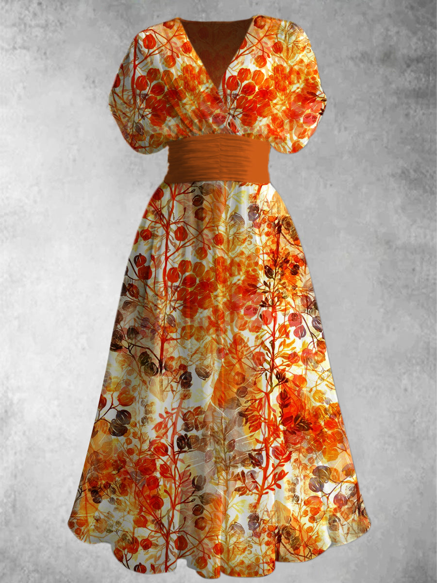 Floral Art Print Elegant V-Neck Vintage Chic Short Sleeve Maxi Dress