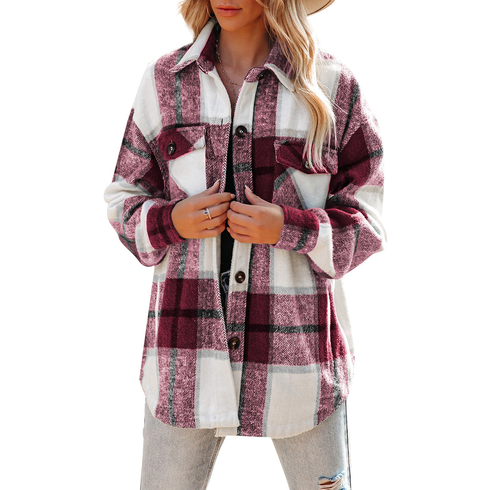  thdmladies Plaid Jacket Casual Loose Pocket Shirt thedmladies