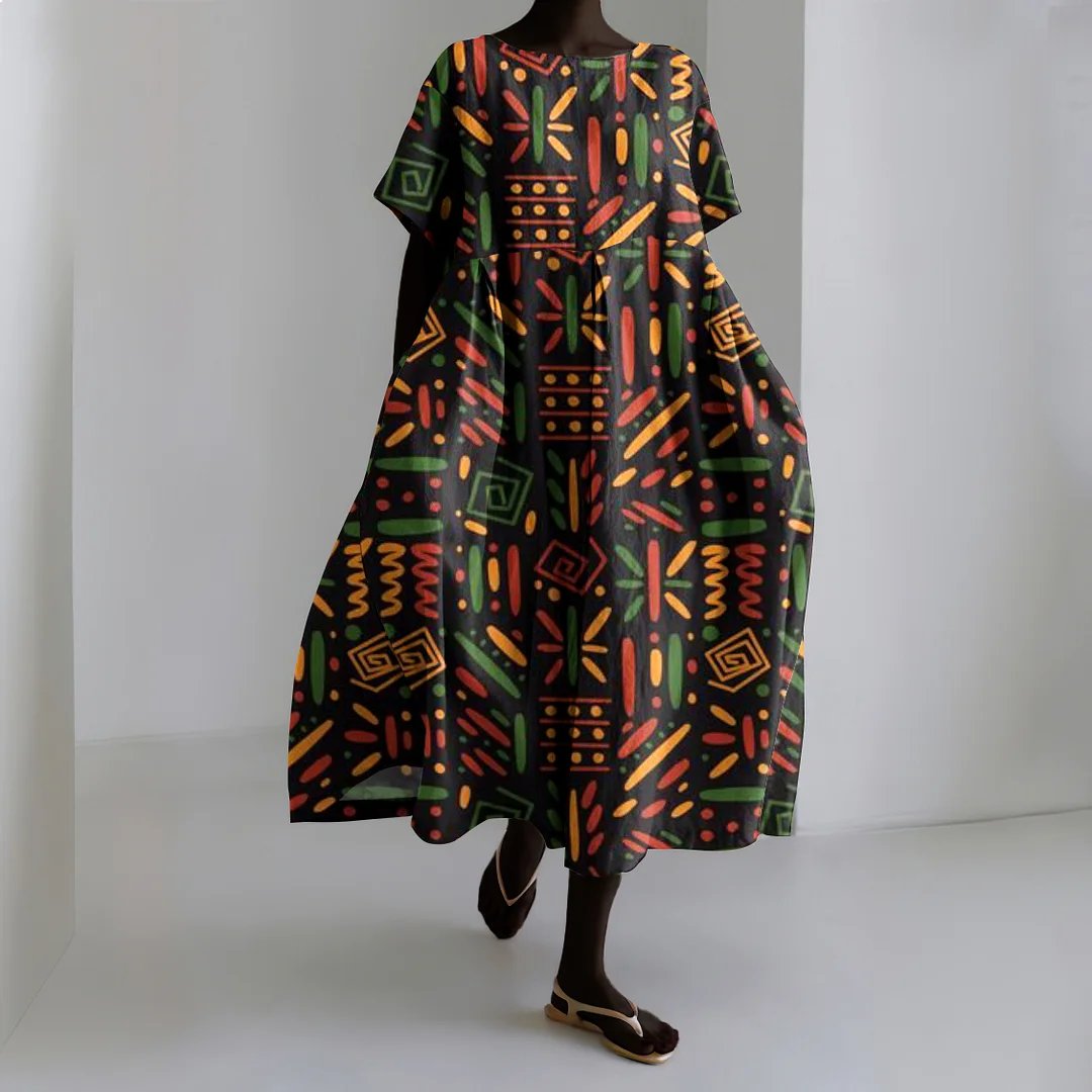 Juneteenth Print Short Sleeve Linen Blend Midi Dress