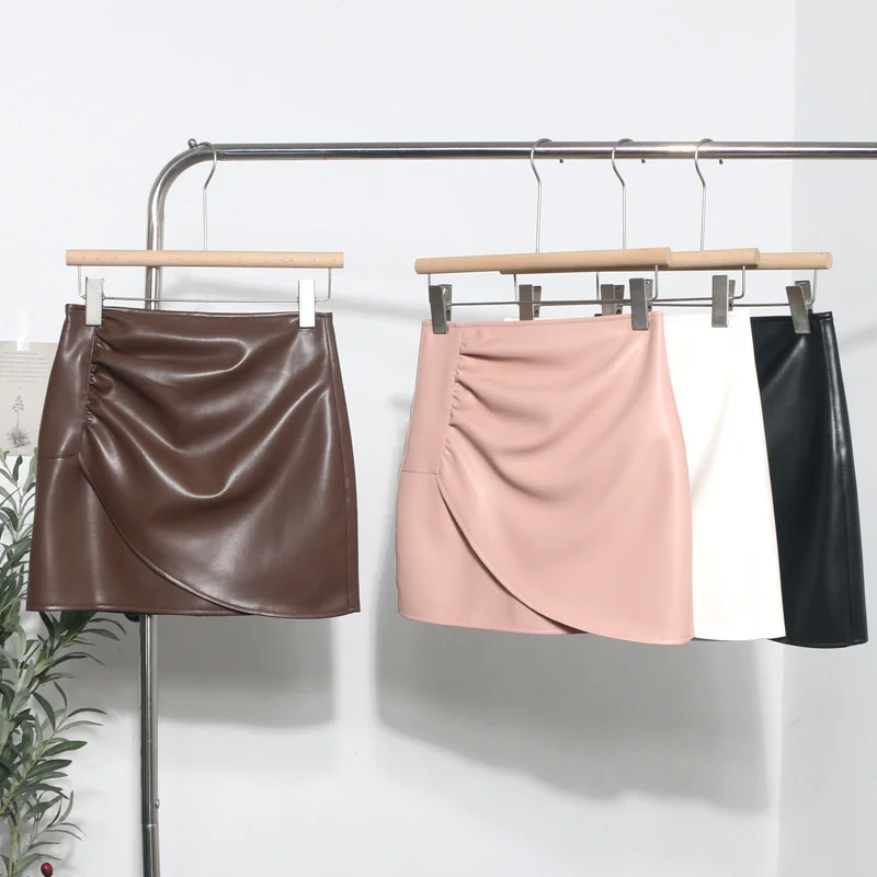 Uveng Real Shooting High-Waist Irregular Folded Cross A Word Pu Skin Small Man Short Skirt Women Autumn And Winter Bag Hip Skirt 1833