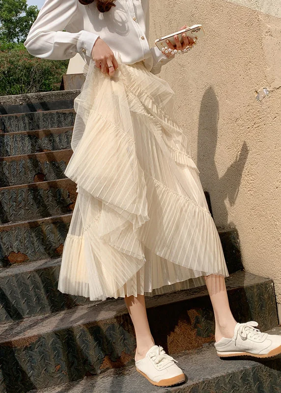 Apricot Elastic Waist Wrinkled Tulle Cake Skirt