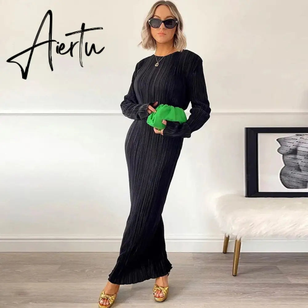 Women Elegant Ribbed Solid O Neck Long Sleeve Maxi Prom Dress Fall Sexy Bodycon Evening Birthday Party Y2K Robe Aiertu