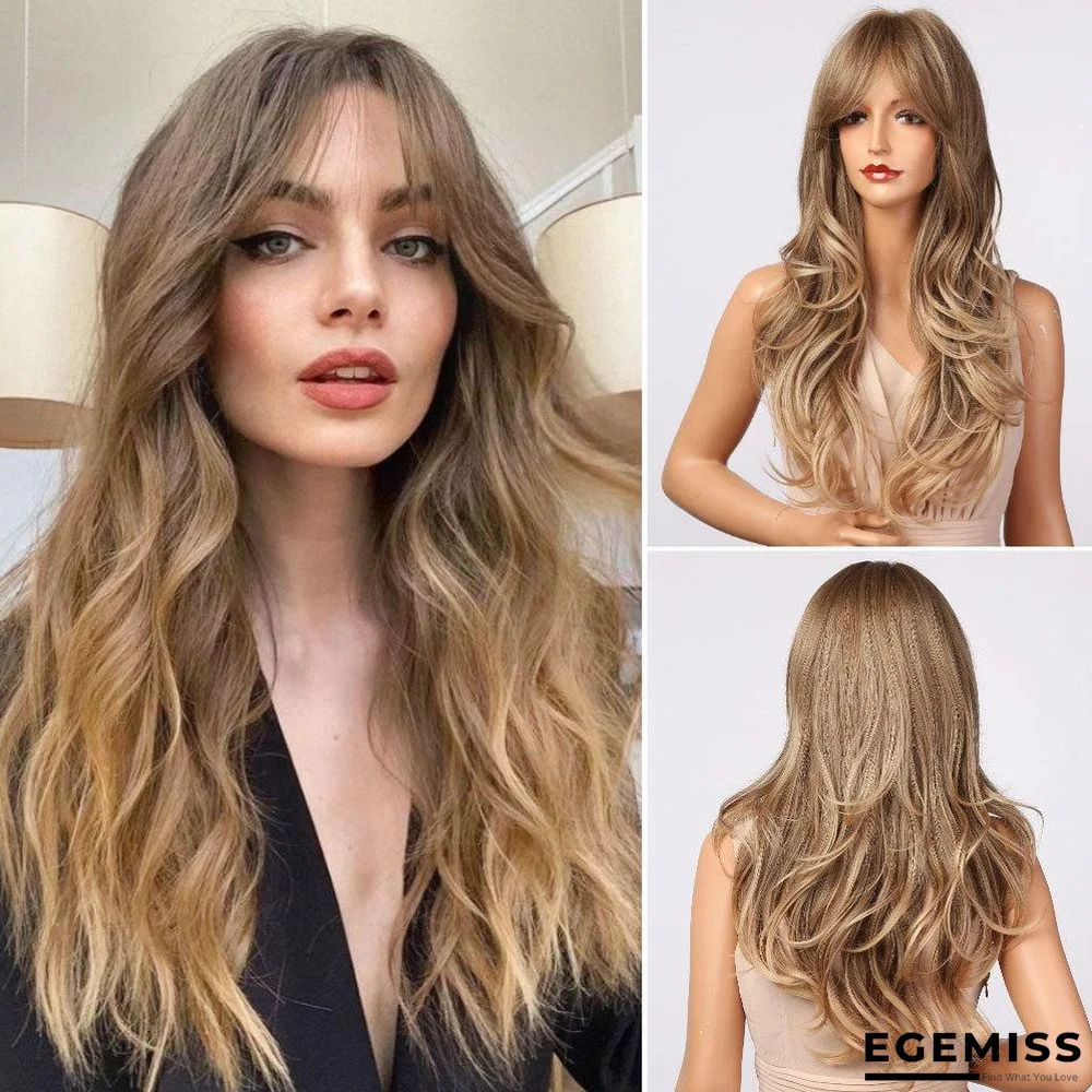 Beauty Wig Golden Long Curly Hair Eight Character Bangs Big Wave Gradient High Temperature Silk Wig | EGEMISS