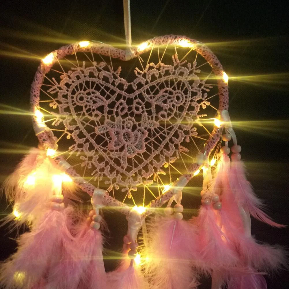 Heart Dream Catcher LED Light Feathers Wall Hanging Dreamcatcher (Pink)