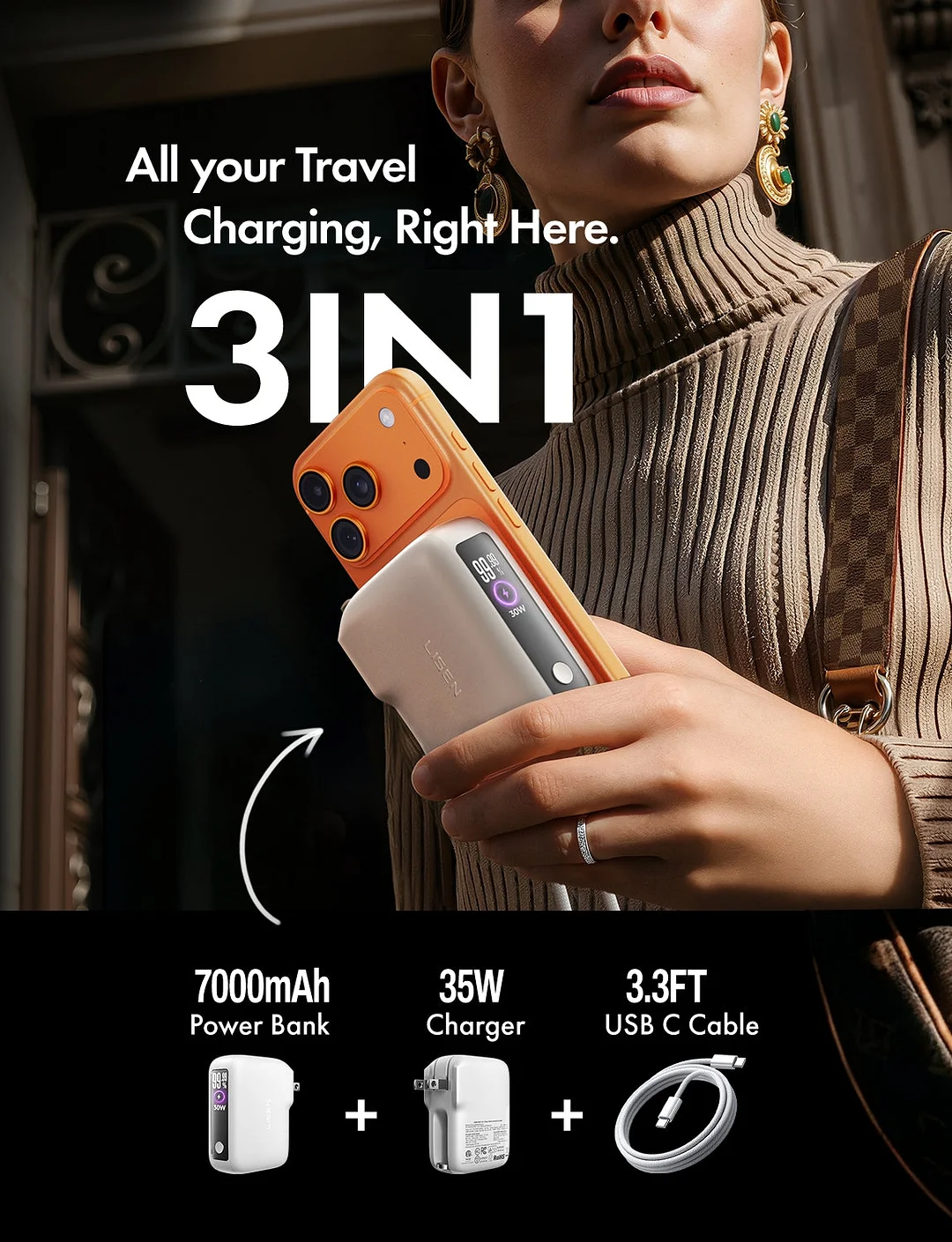 This 3-in-1 fast travel charger combines a 35W wall charger and a 27W power bank, and includes a built-in 3.3-foot USB-C cable and a foldable plug.