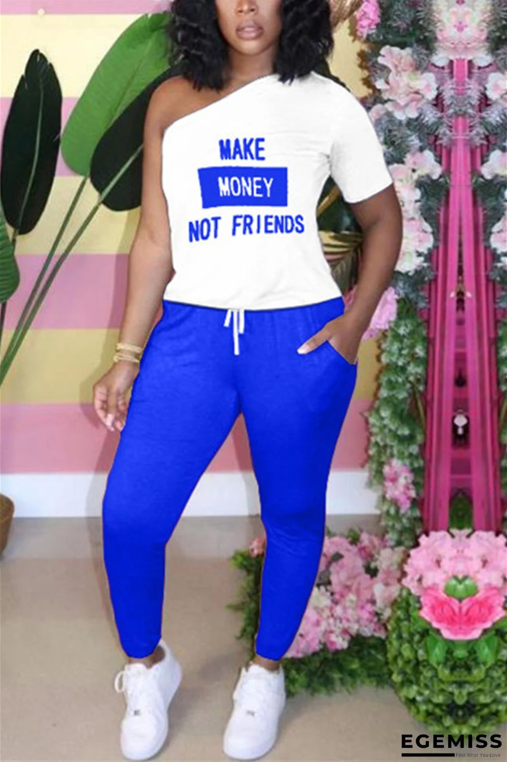 Blue Casual Print Asymmetrical Two Piece Suits Harlan Pants Short Sleeve Two Pieces | EGEMISS