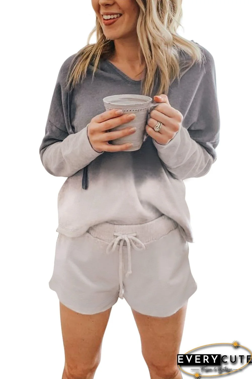 Gray Dip Dye Hooded Lounge Sweatshirt Shorts Set