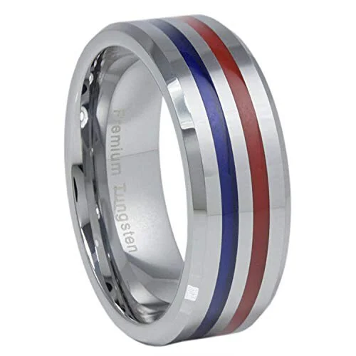 Women's Or Men's Tungsten Carbide Wedding Band Matching Rings,Silver Bands with Blue And Red Line Stripes,High Polish Finish And Beveled Edges Ring With Mens And Womens For Width 4MM 6MM 8MM 10MM