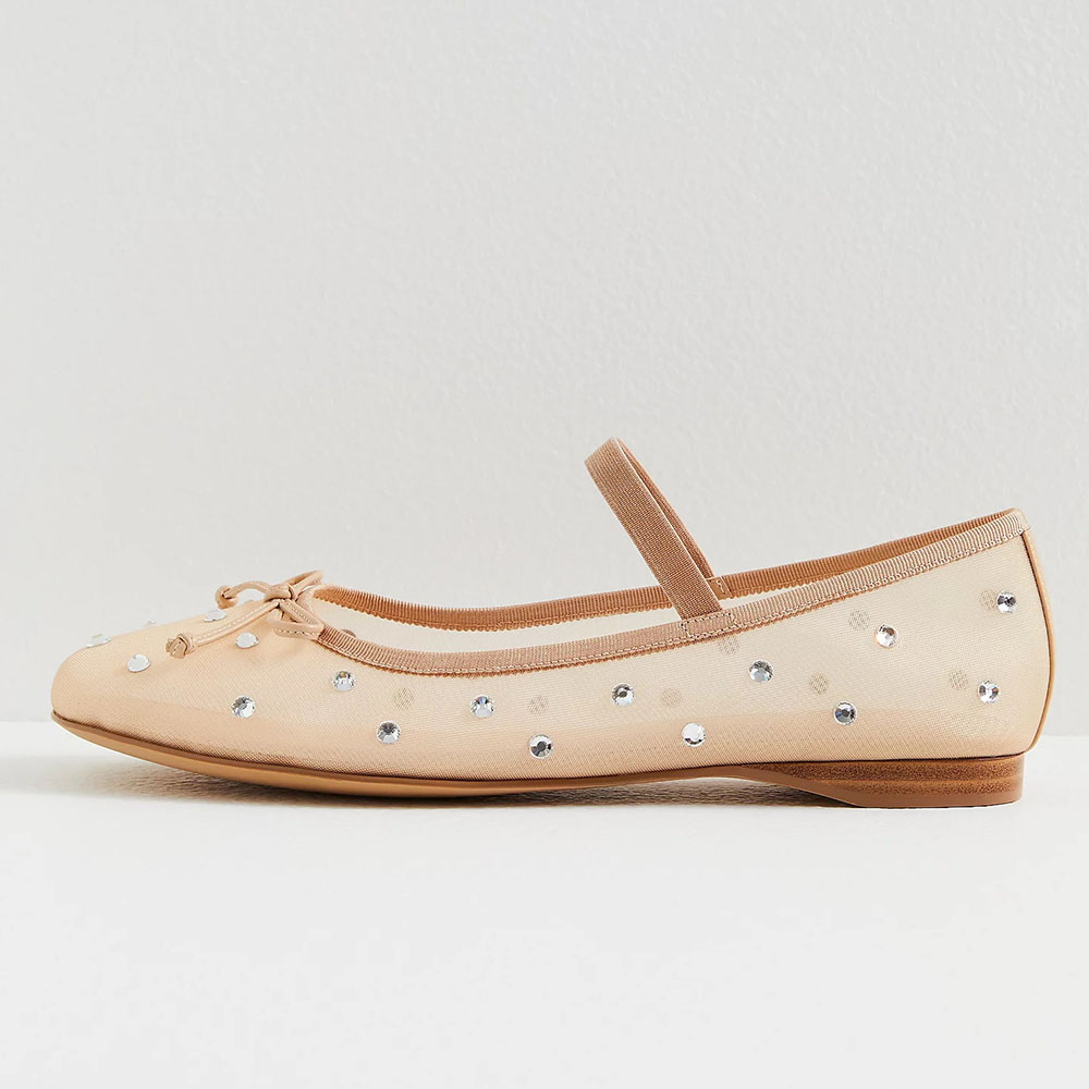 Beige Mesh Round Toe Shiny Mary Jane Ballet Flats Nicepairs