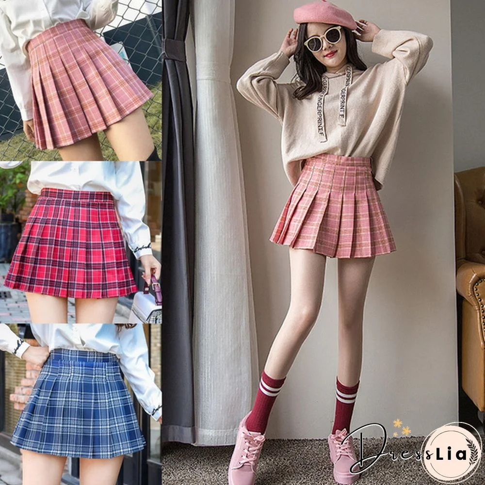 Women Girls High Waisted Plain Pleated Skirt Skater Tennis School Uniforms A-Line Mini Skirt Lining Shorts