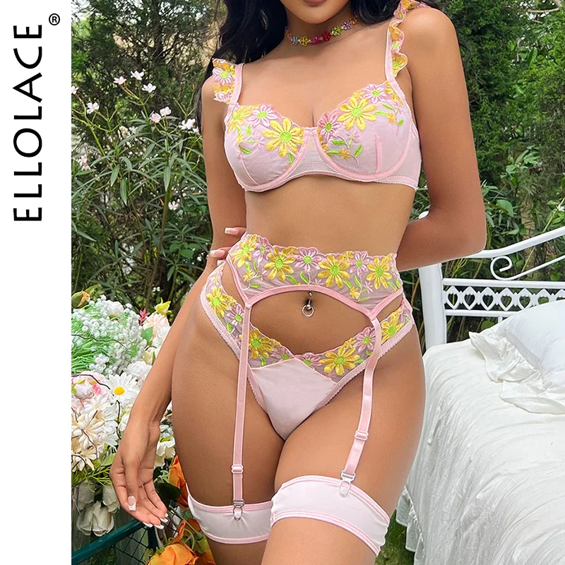 Billionm Sexy Lingerie Floral Embroidery Fancy Underwear 3-Pieces Bra And Panty Sets Exotic Lace Ruffled Intimate Fairy Outfits