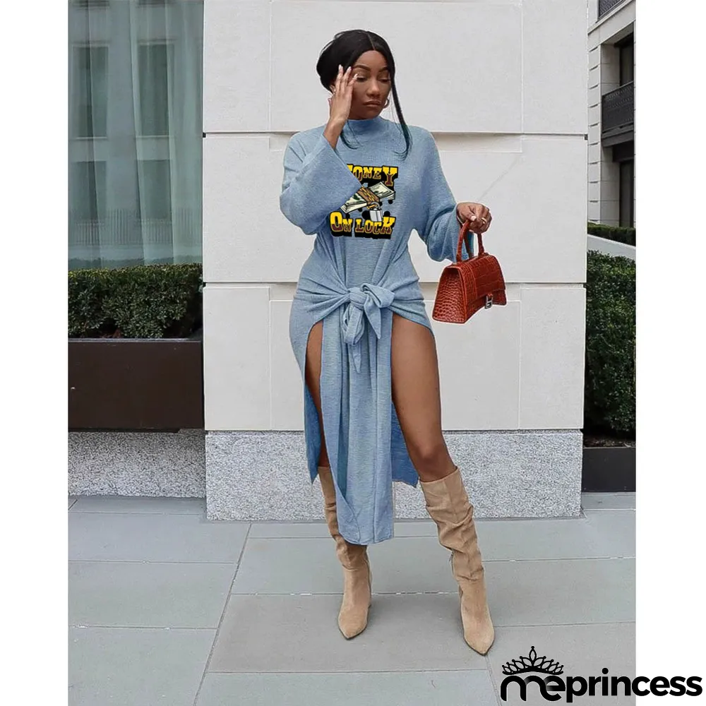 Print Ethnic Pullover Chic Career Half Ribbed Mid-Rise Lace-Up Dress