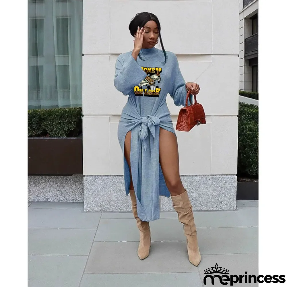 Print Ethnic Pullover Chic Career Half Ribbed Mid-Rise Lace-Up Dress