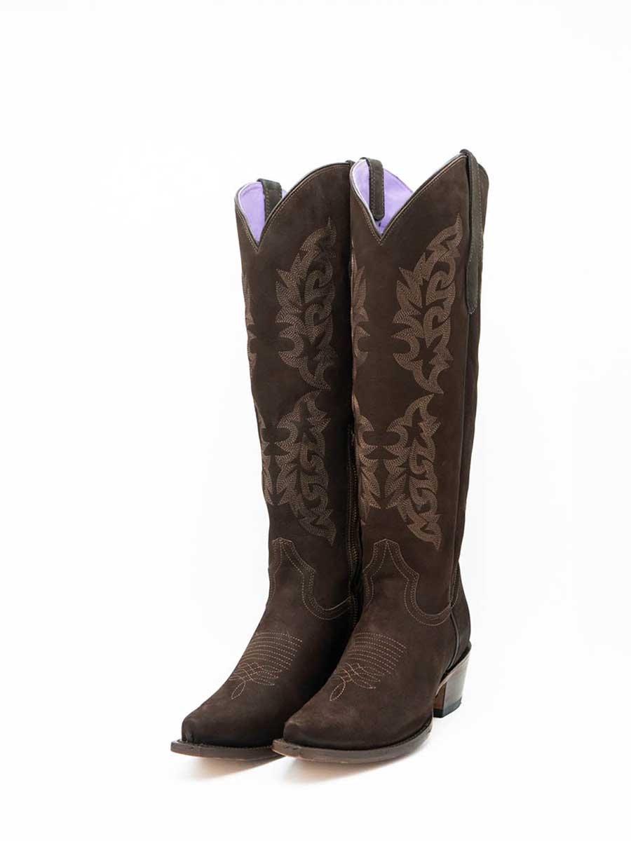  Brown Faux Suede Snip Toe Embroidered Partial-Zip Cowgirl Boots 