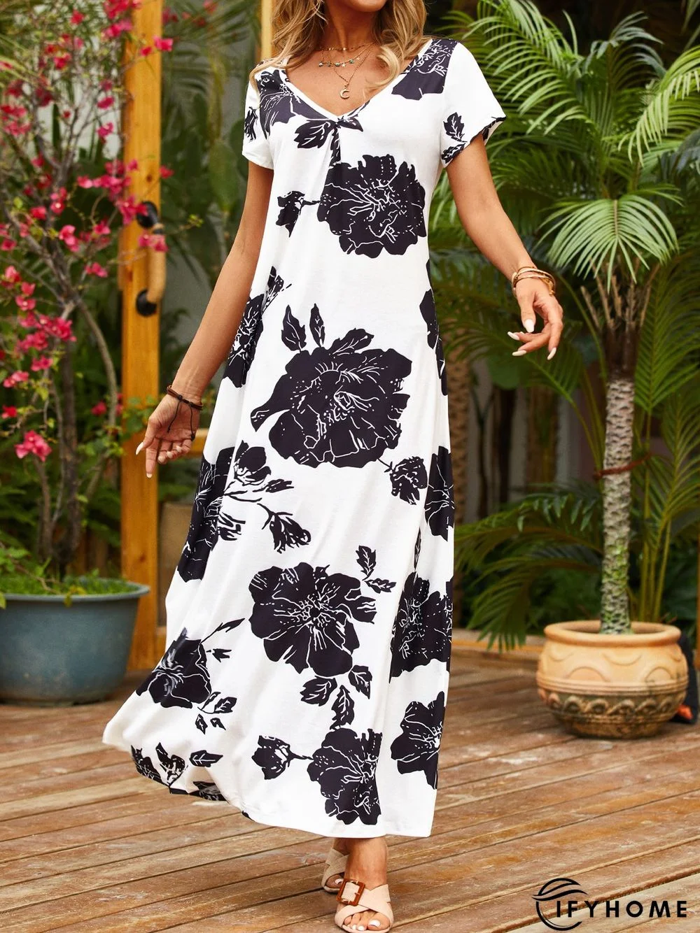 Loosen Casual Floral Short Sleeve Knit Dress | IFYHOME