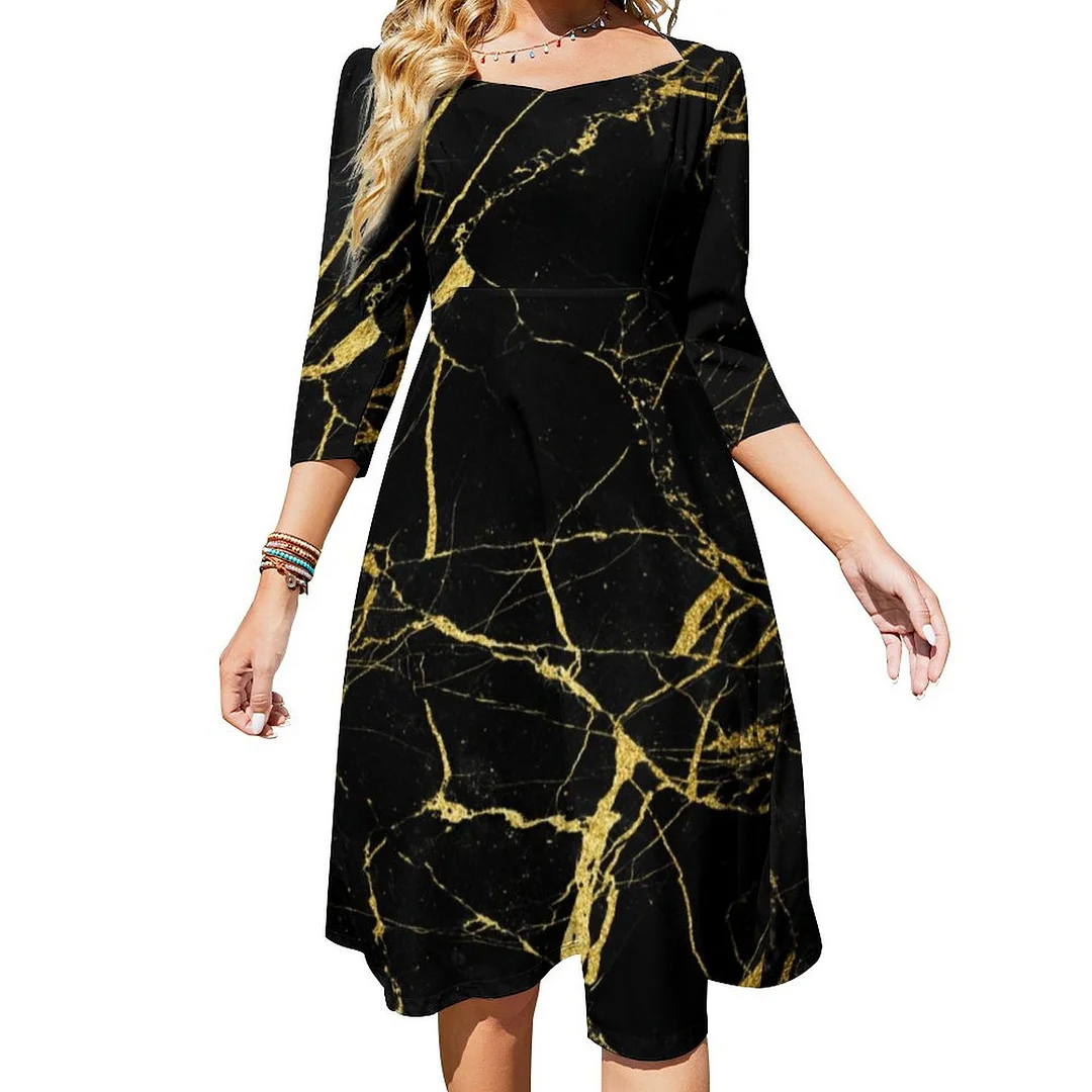 Black With Gold Foil Marble Pattern Dress Sweetheart Tie Back Flared 3/4 Sleeve Midi Dresses