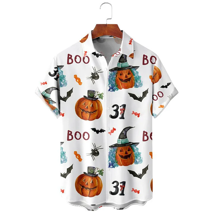 Halloween Skull Pumpkin Printed Short Sleeve Casual Lapel Shirt at Hiphopee