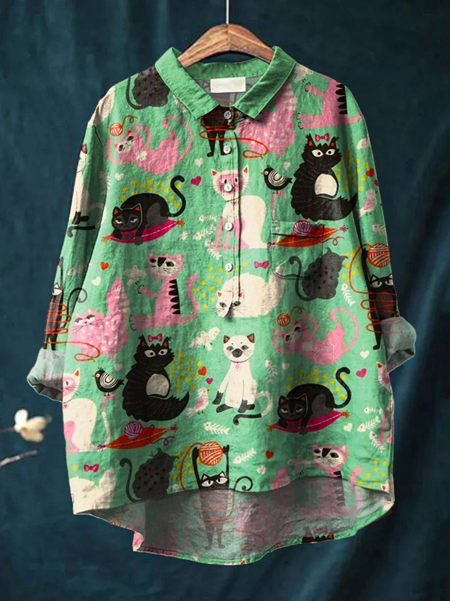 Vintage Lovely Cats Art Print Casual Cotton And Linen Shirt