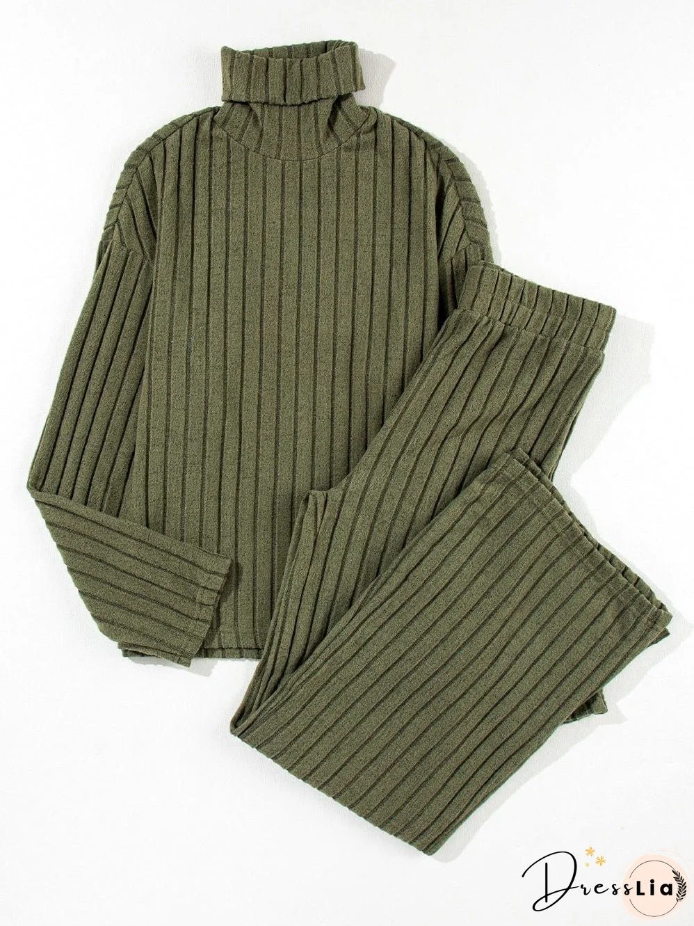 Jungle Green Ribbed Knit Cozy High Neck Two-Piece Pant Set