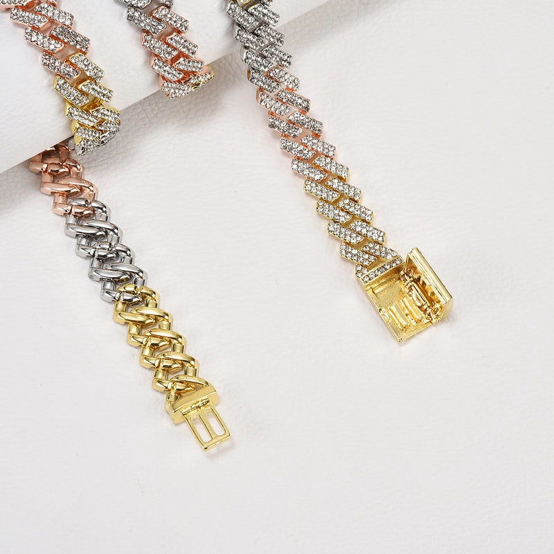 Direct Sales Violent Products Hip Hop Cool Box Buckle 13mm Three-Color Encryption Full Diamond Diamond Cuban Link Chain Necklace