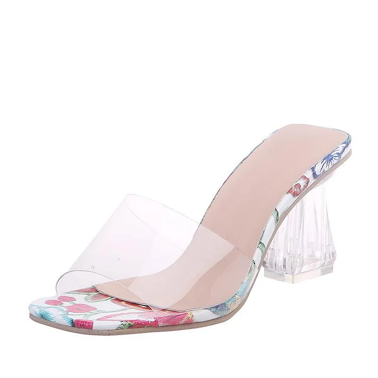 High Heels Slippers Plus Size Summer Transparent Chunky Heel Fashion Square Toe High Heel Women's Shoes