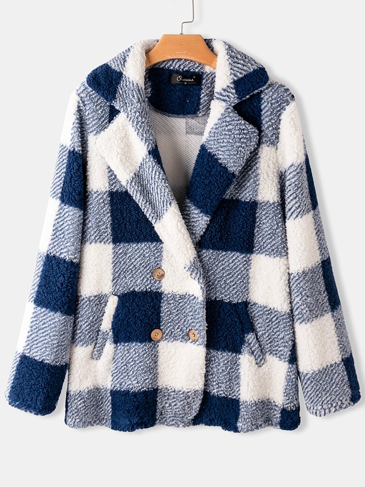 Plaid Print Pockets Fluffy Casual Thick Coat With Pocket