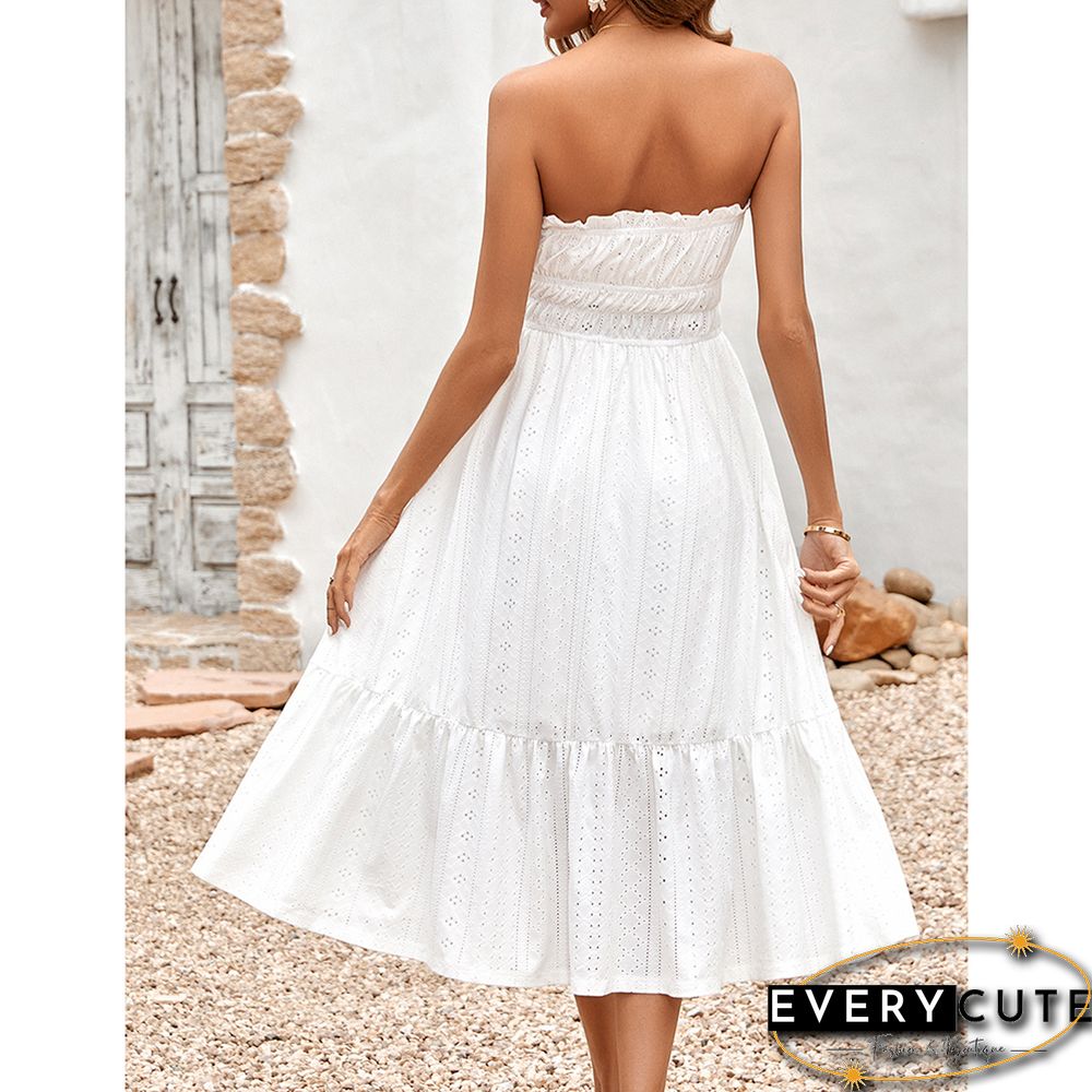 White Slim Waist Strapless Midi Dress