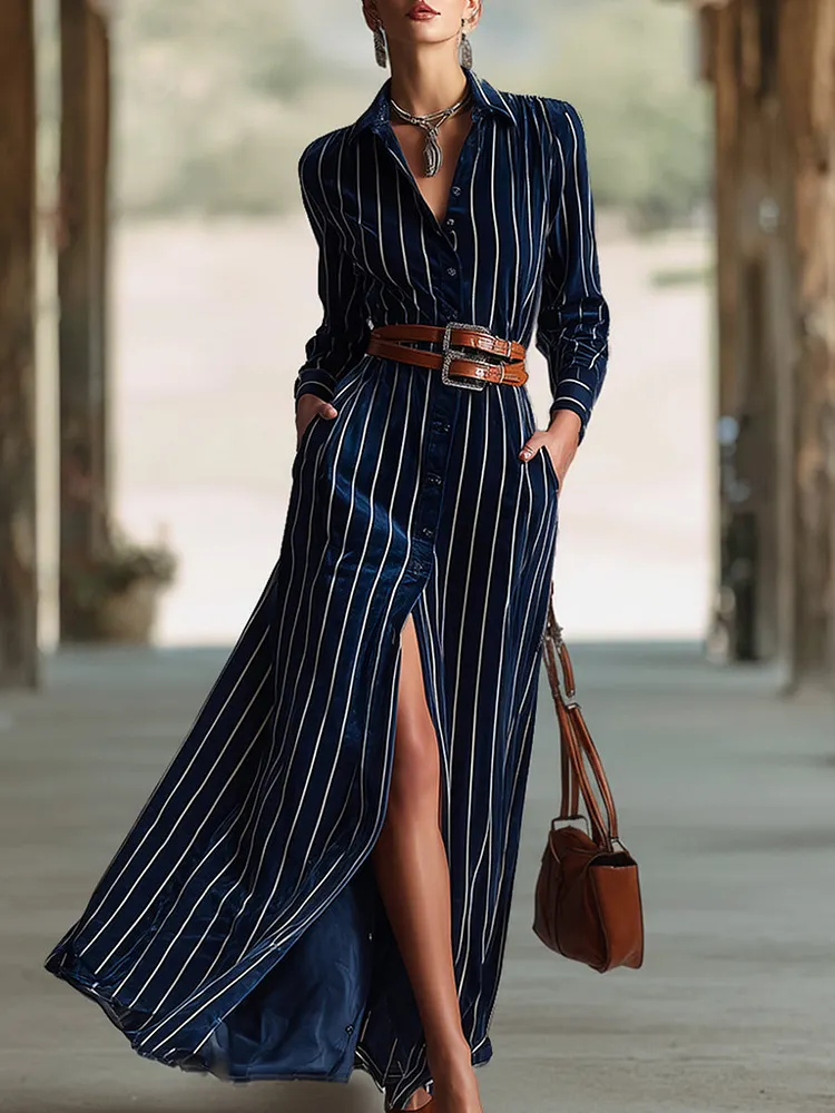 Elegant And Classic Navy Blue Striped Printed Velvet Lapel Maxi Dress
