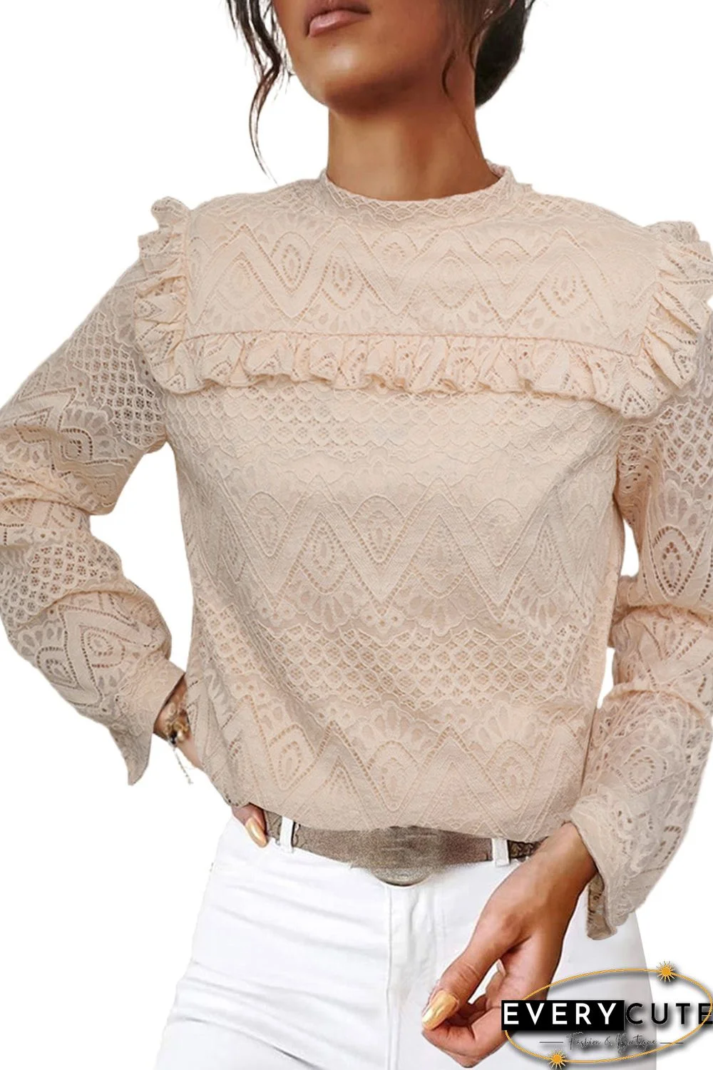 Lace Crochet Ruffle Hollow-out Long Sleeve Top