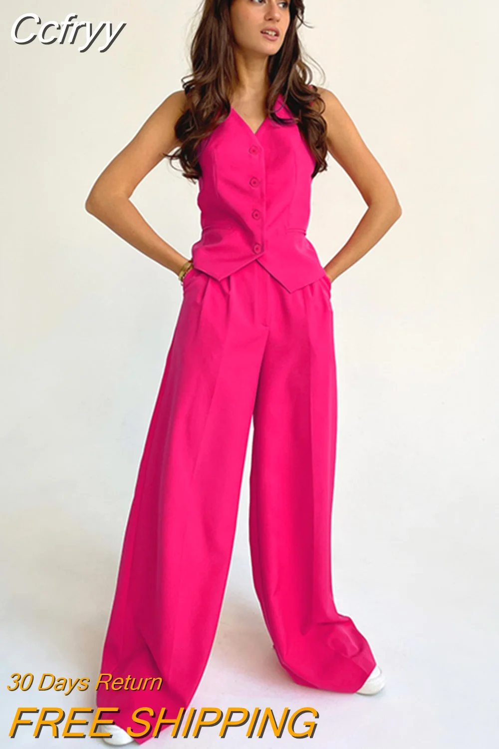 huibahe Elegant Pink Loose Pants Sets Womens 2 Pieces Fashion Office Lady V-Neck Slim Tops Spring High Waist Wide Leg Pants Suits