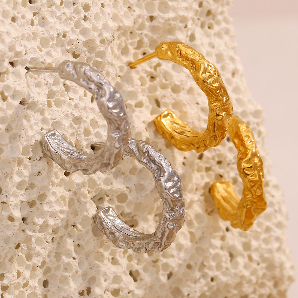 Fashionable Ins Style All-Match Earrings Stainless Steel Plated With 18K Gold Irregular Hammered Pattern Small Earrings