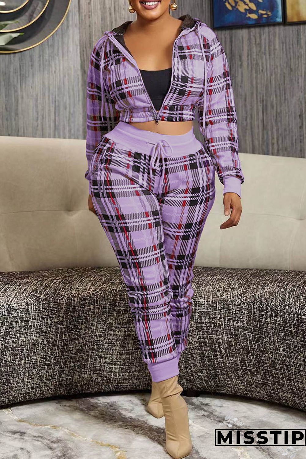 Pink Casual Plaid Print Patchwork Hooded Collar Long Sleeve Two Pieces