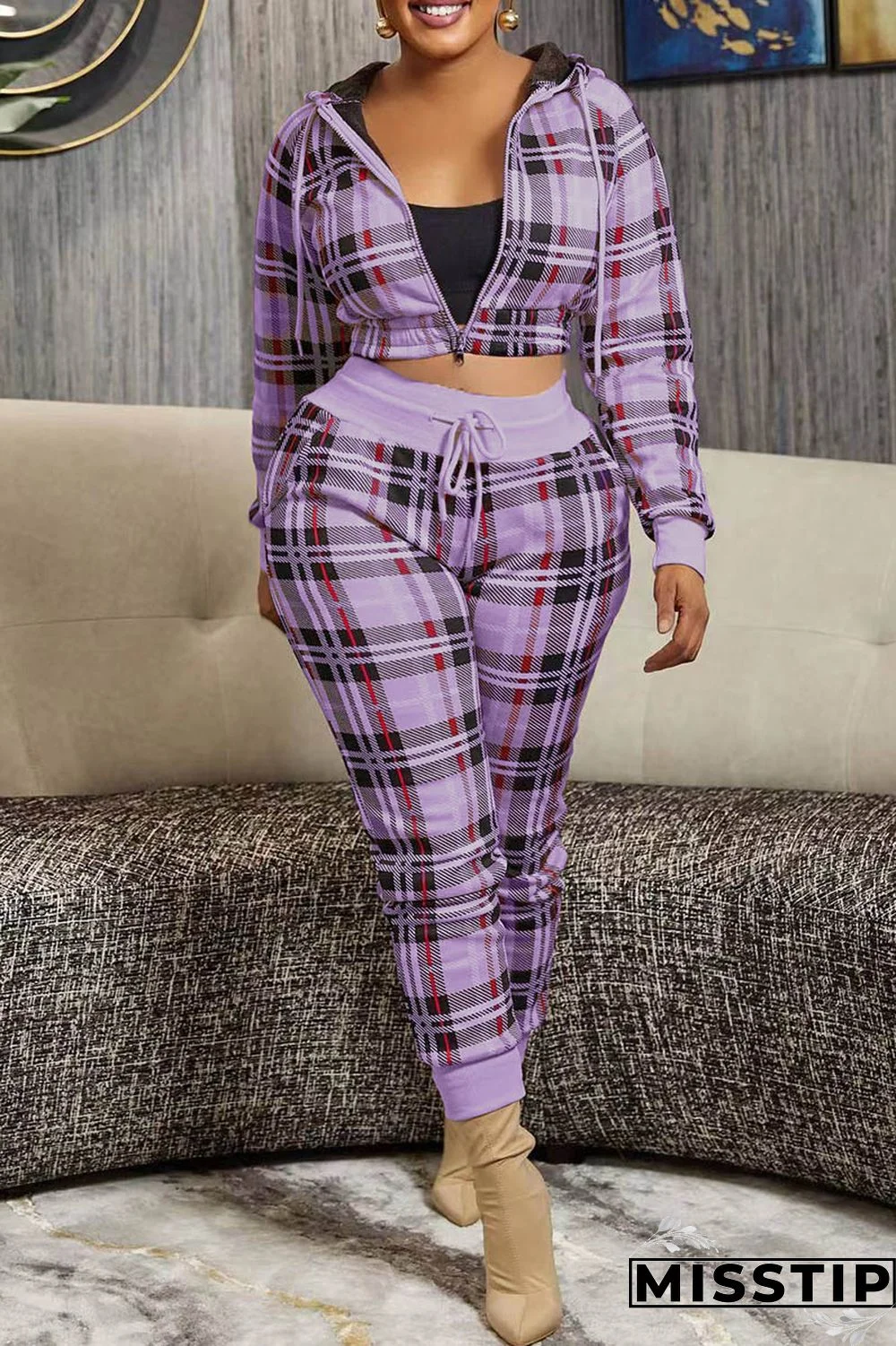 Pink Casual Plaid Print Patchwork Hooded Collar Long Sleeve Two Pieces