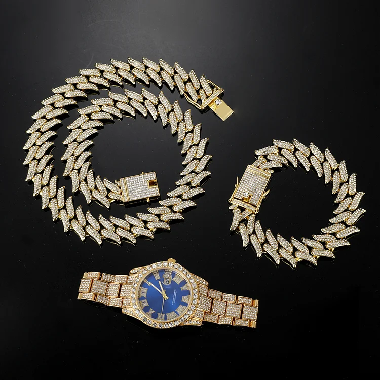 3pcs 16MM Iced Out Watch+Thorns Cuban Link Chain+Bracelet Hip Hop Jewelry Set-VESSFUL