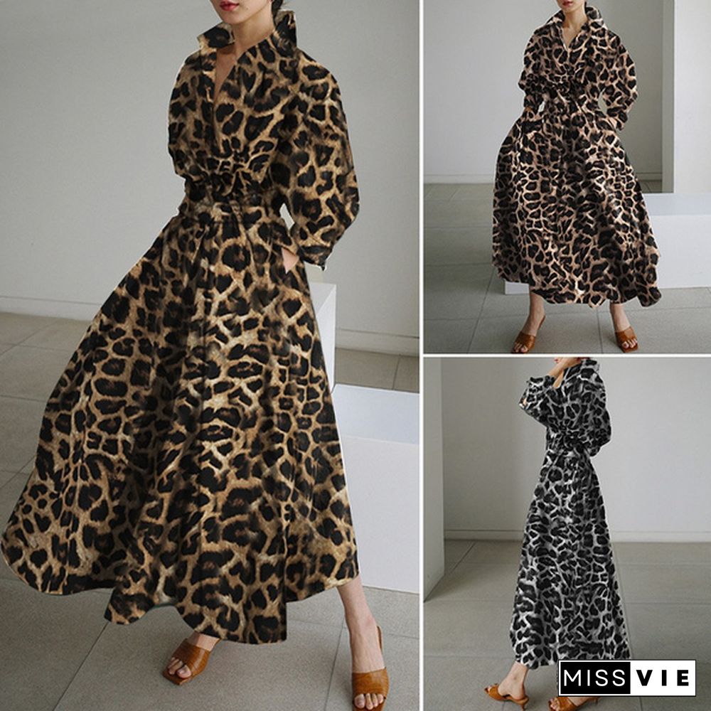 Womens Bohemian Leopard Print Maxi Dress Elegant Full Sleeve Casual Swing Mid-Calf