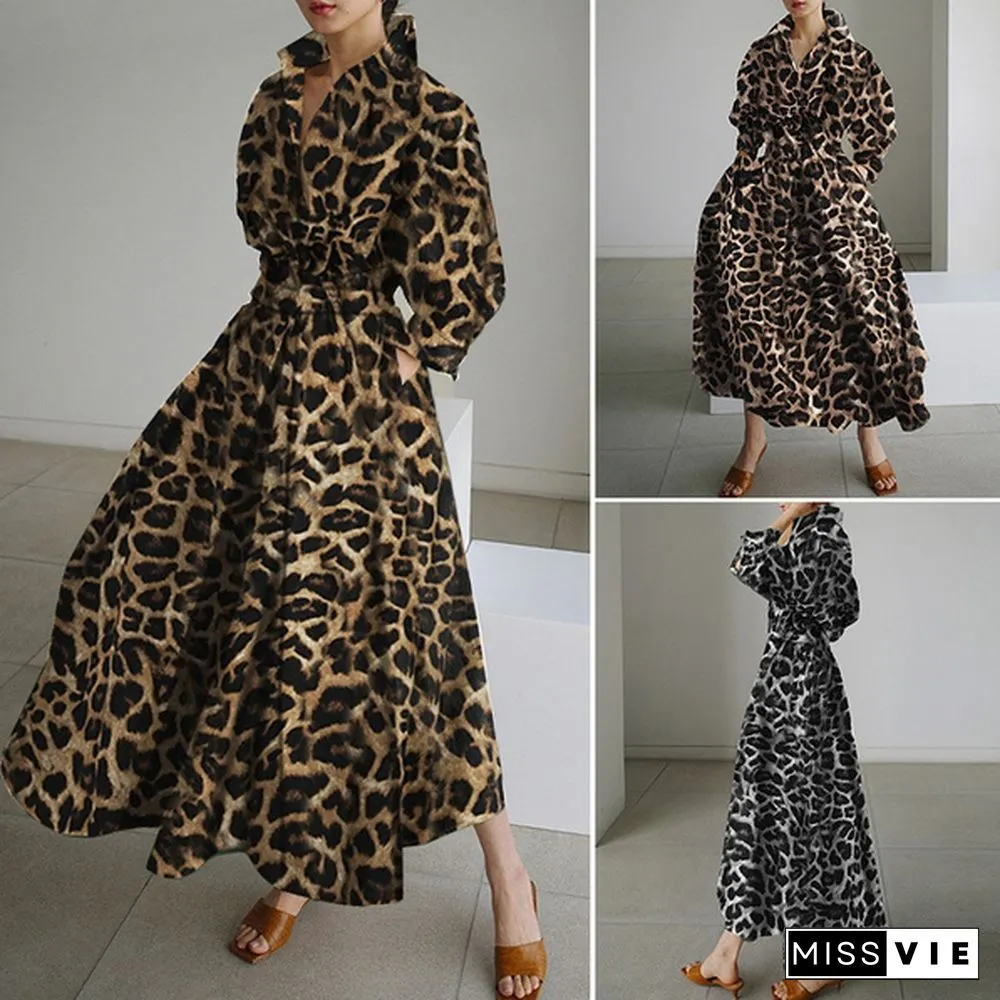Womens Bohemian Leopard Print Maxi Dress Elegant Full Sleeve Casual Swing Mid-Calf