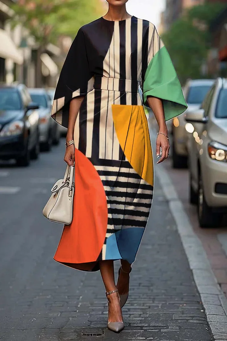 Women's Elegant Abstract Art Print Midi Dress