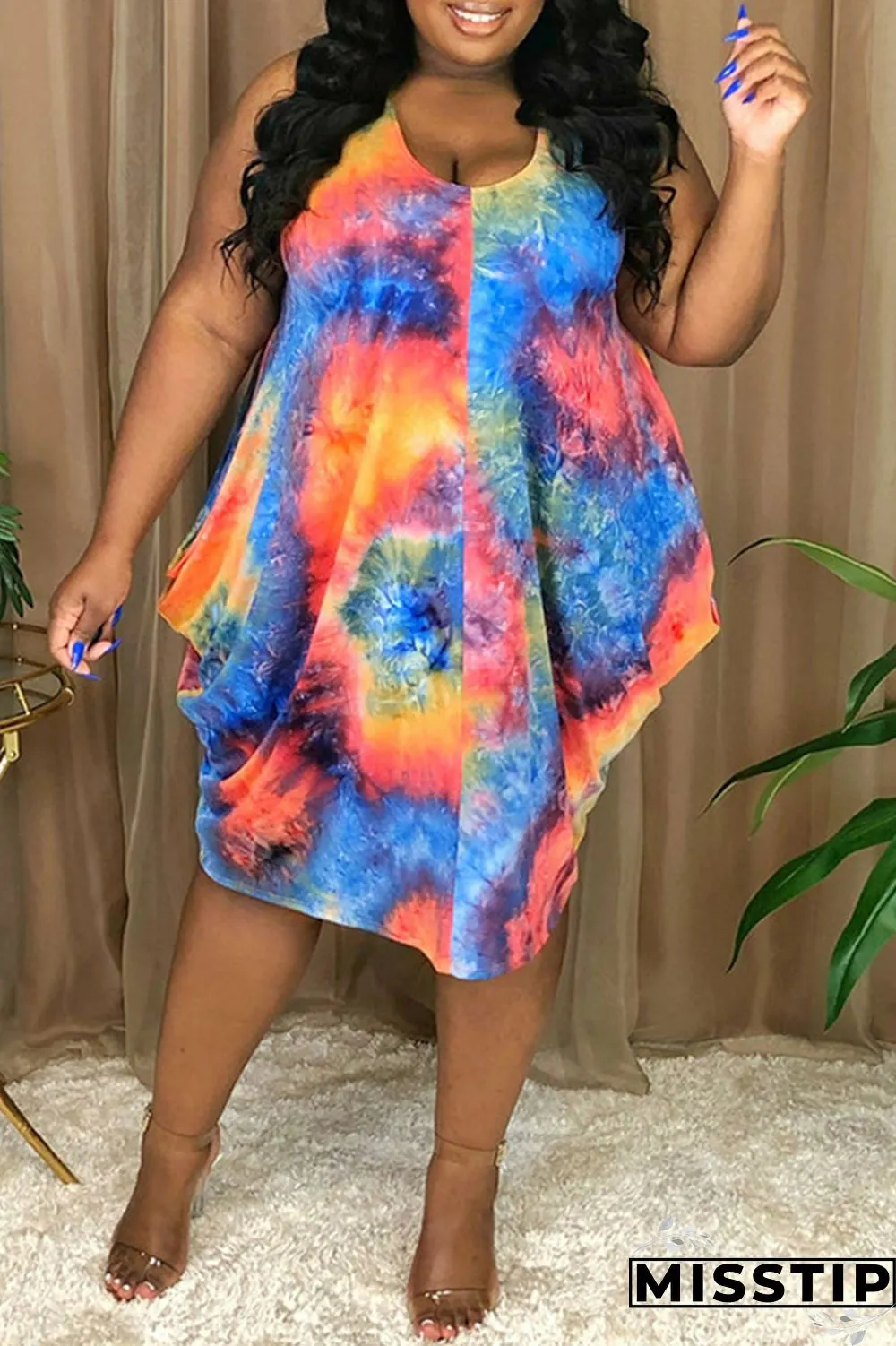 Red Fashion Casual Print Tie-dye Asymmetrical O Neck Vest Dress Plus Size Dresses