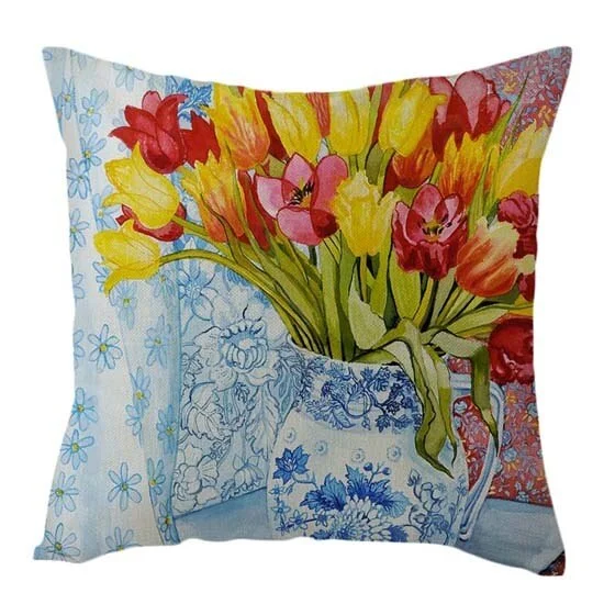 Linen Pillow Case - Vintage Oil Painting Flowers