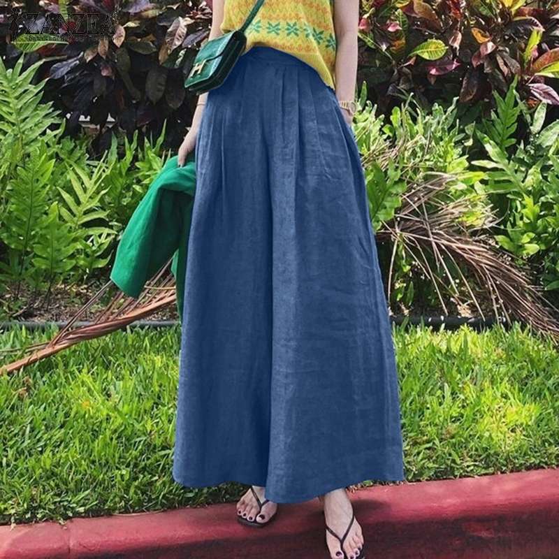 ZANZEA 2024 Summer Vintage High Waist Long Pants Women Casual Pants Blue Pocket Wide Leg Trouser Loose Pantalon Oversize