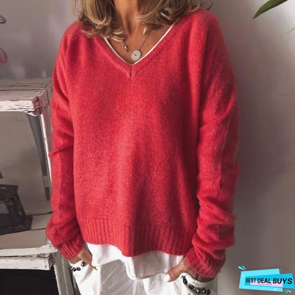 Plus Size Casual V Neck Solid Long Sleeve Sweater