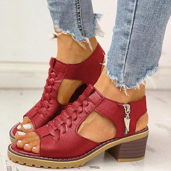 Libiyi Peep Toe Cutout Zipper Chunky Heeled Sandals