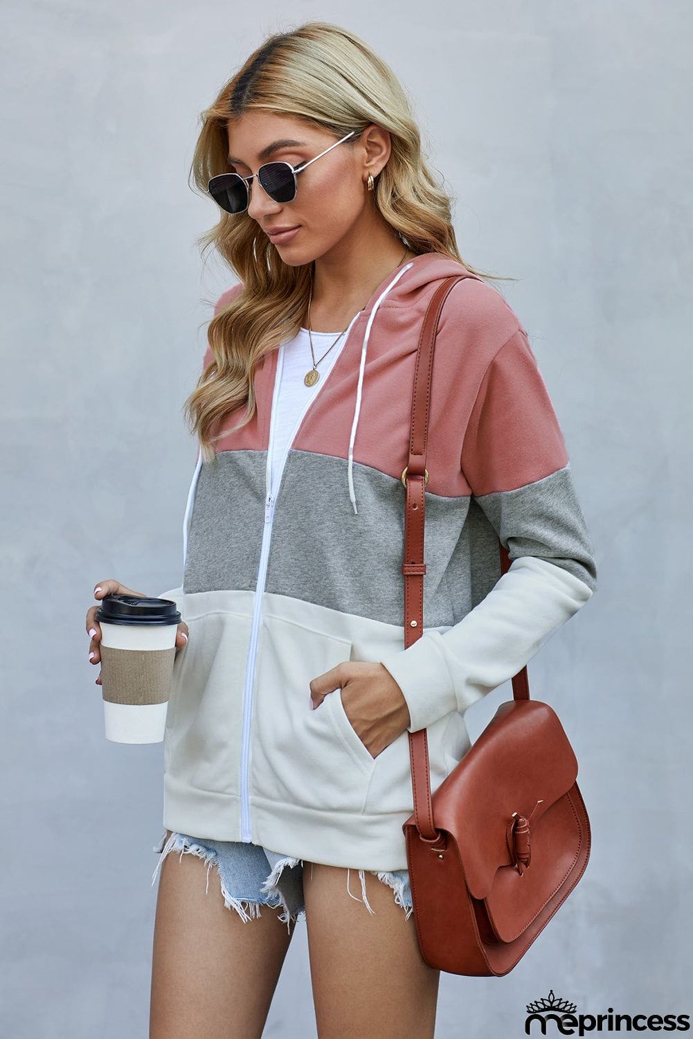 Zip Front Color Block Splicing Drawstring Hoodie