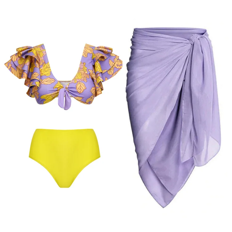Morisly Ruffle Printed Bikini Swimsuit and Sarong