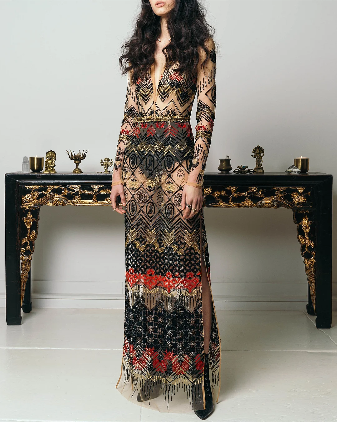 Women's V-Neck Mesh Slit Embroidered Dress