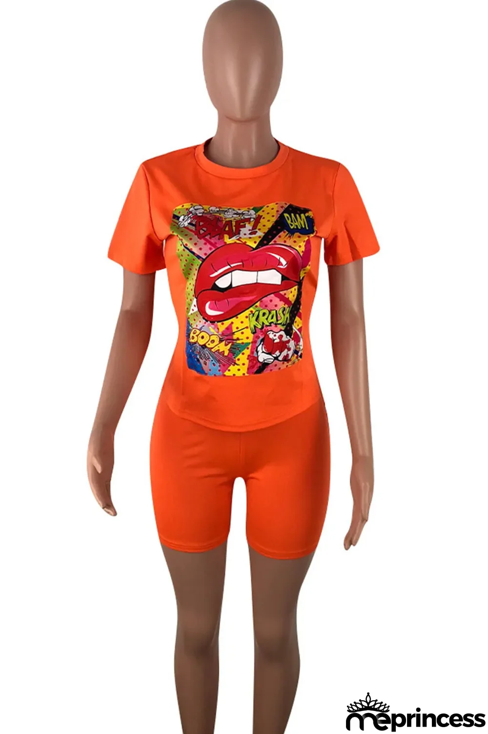 Orange Casual Letter Print Split Joint O Neck Short Sleeve Two Pieces