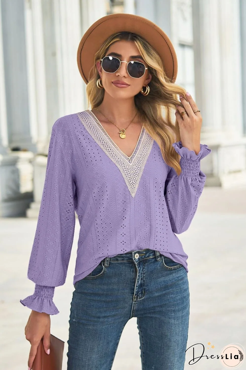 Contrast V-Neck Flounce Sleeve Top