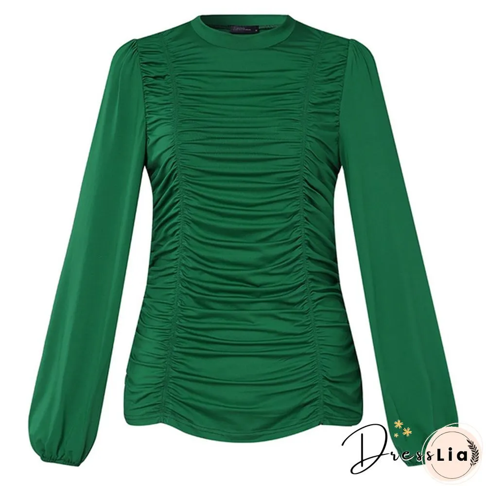 Blouses For Women Fashion Casual Long Sleeve neck fitted ruched elegant blouse