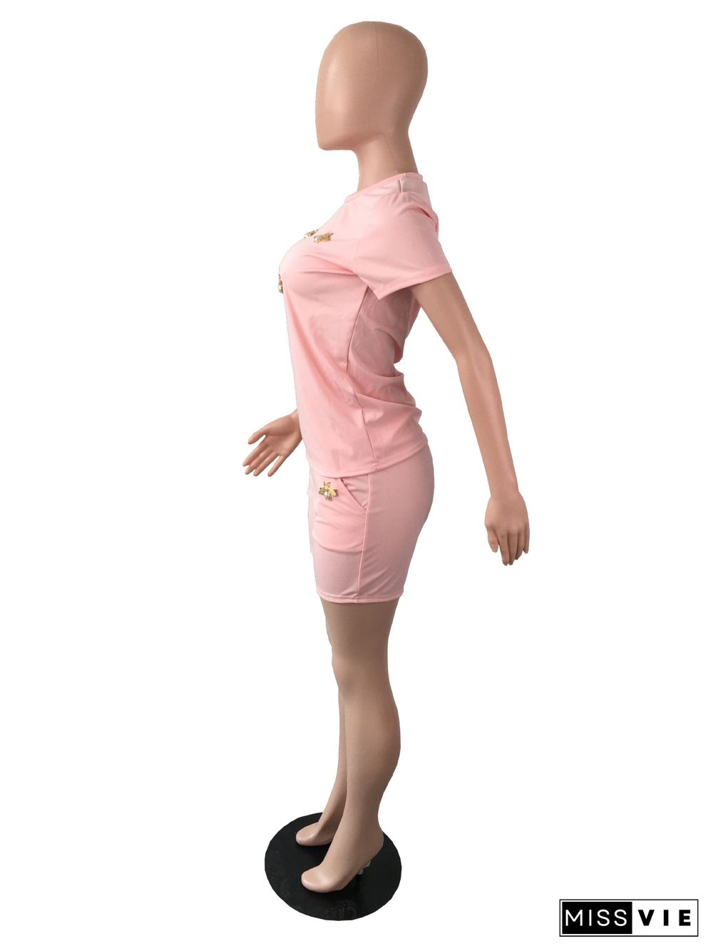 Summer Fashion New Bees Decorative Solid Color Short Sleeve T Shirt Pocket Shorts 2 Piece Set